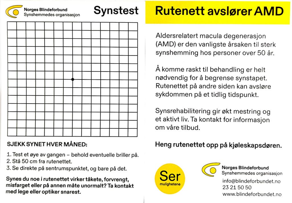 Rutenett i postkortstørrelse med instruksjoner om hvordan man kan enkelt teste synet.