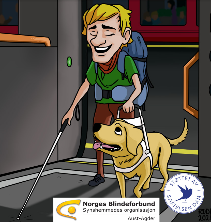 grafikk av en mann med førerhund på tur inn på et tog. Blindeforbundet Aust-Agders og Stiftelsen DAMs logo.