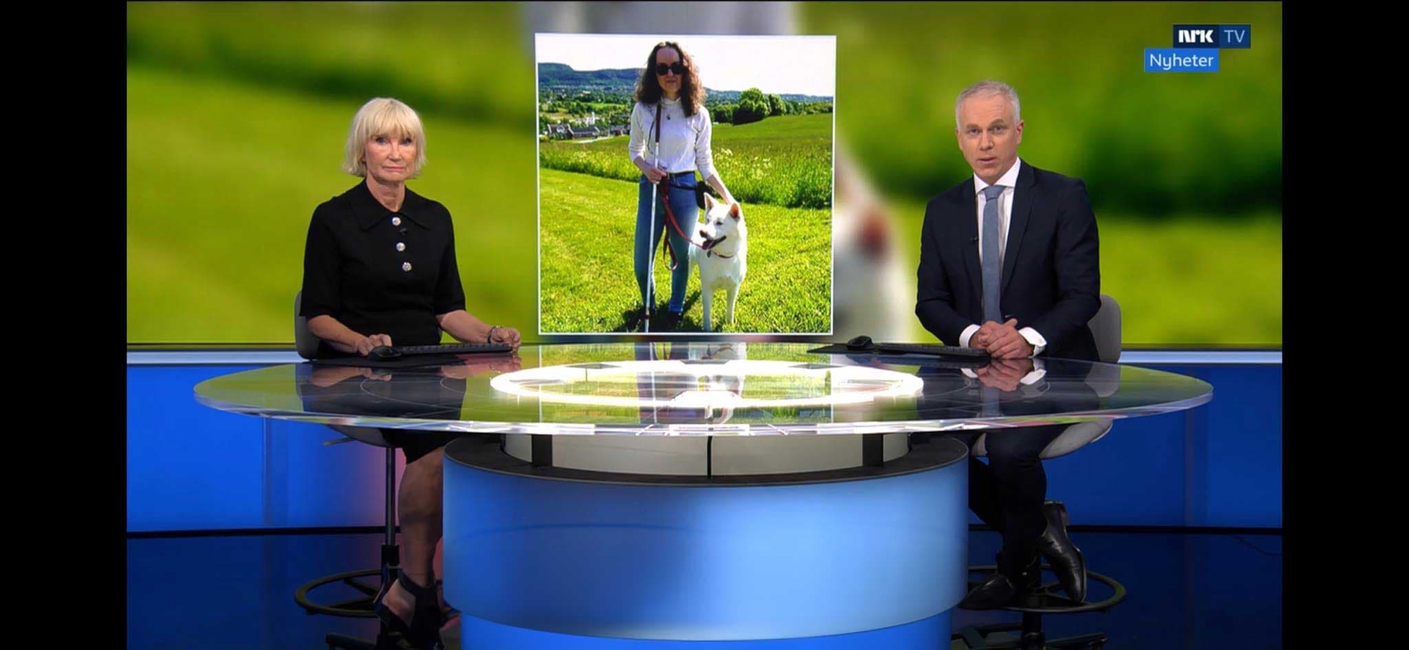 To nyhetsopplesere io ved et bord, bilde av Iselin i bakgrunnen