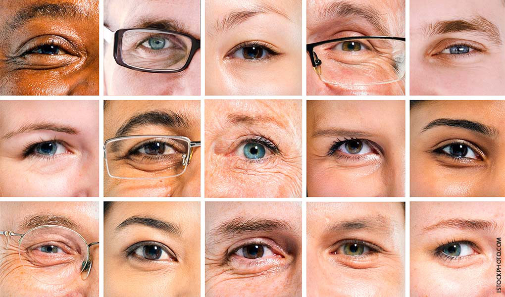 Collage av forskjellige øyne. Noen har briller