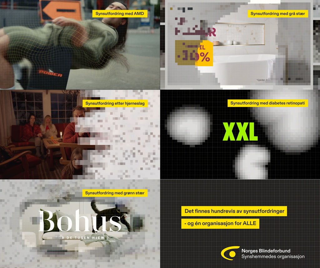 Skjermdump av reklamefilmene til Powers, XXL, Coop, Extra, Megaflis og Bohus, fordreid med filter som illustrerer forskjellige øyesykdiommen.