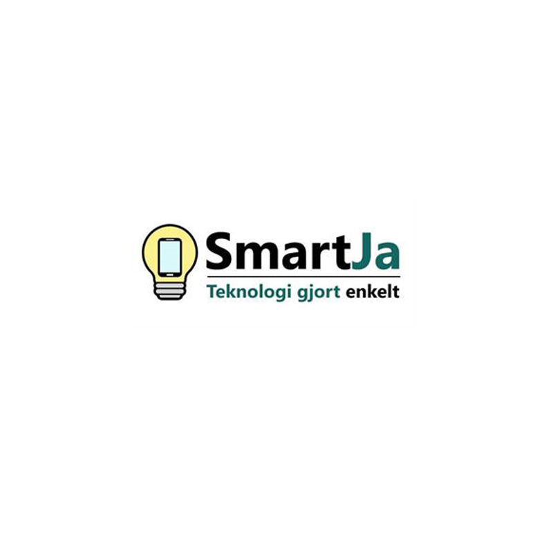 Logo med tekst og grafikk: SmartJa og en tegnet lyspære.