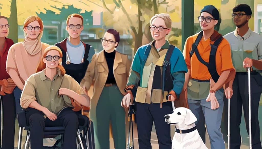 Grafikk laget med KI: Åtte personer ved siden av hverandre. En med rullestol og to med mobilitetsstokker, i tillegg til en hund.
