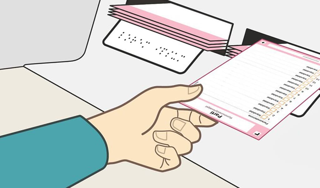 Grafikk: En hånd tar ut el liste fra en hylle i et valgavlukke. På hyllen ved siden er det synlig punktskriftmerling.