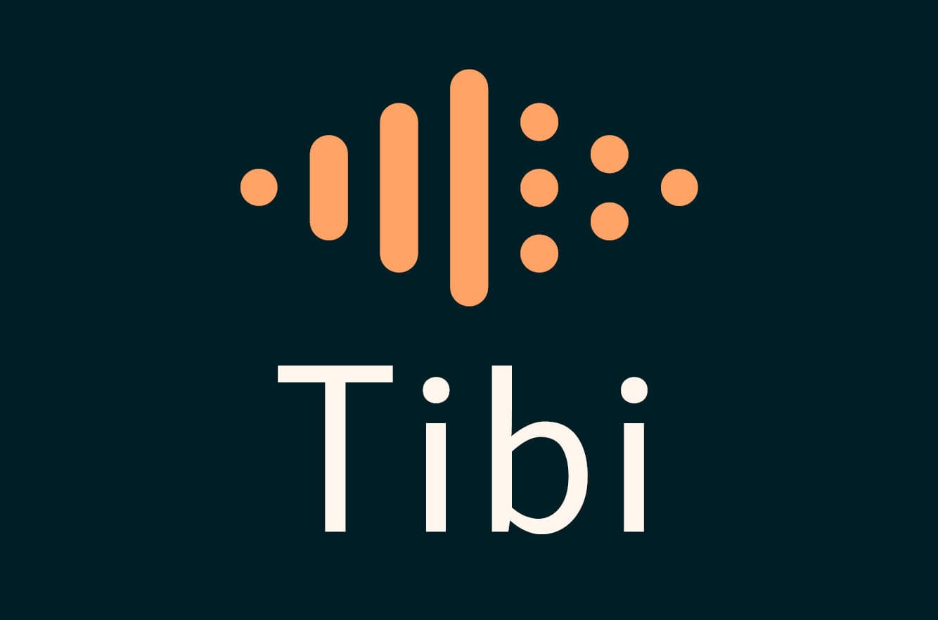 Tibi logo, bestående av rette streker i ulik lengde, satt sammen med prikker. Til sammen utgjør elementene en rombeformet firkant. Under står navnet Tibi.