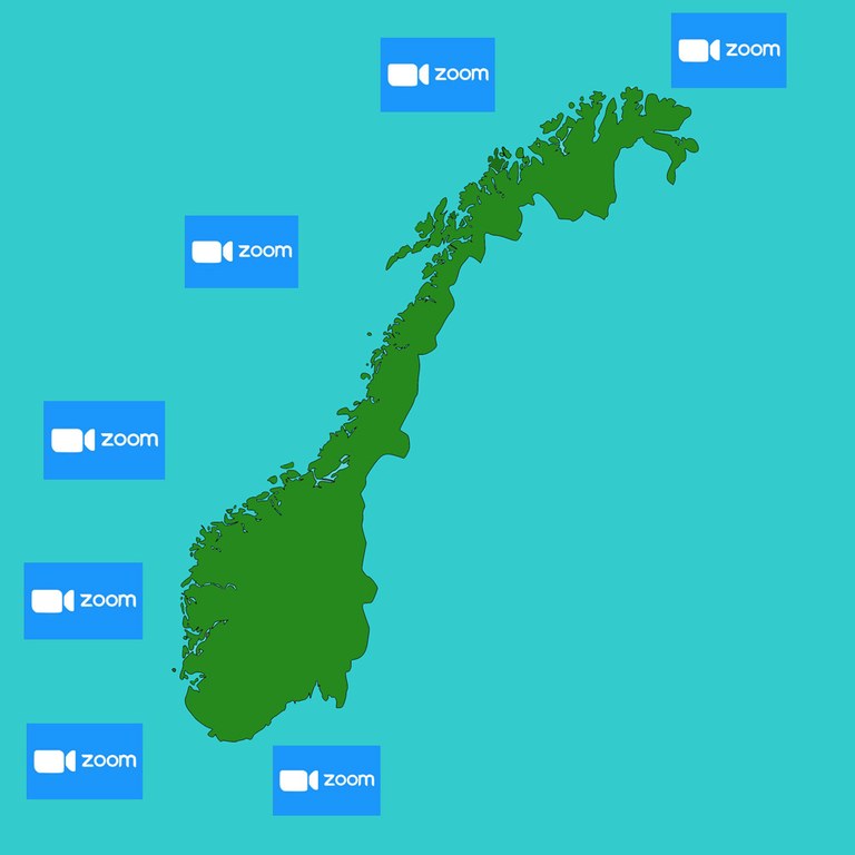 Grafikk som viser norgeskartet i grønt på blå barkgrunn. Rundt omkring er det bokser det står Zoom i.