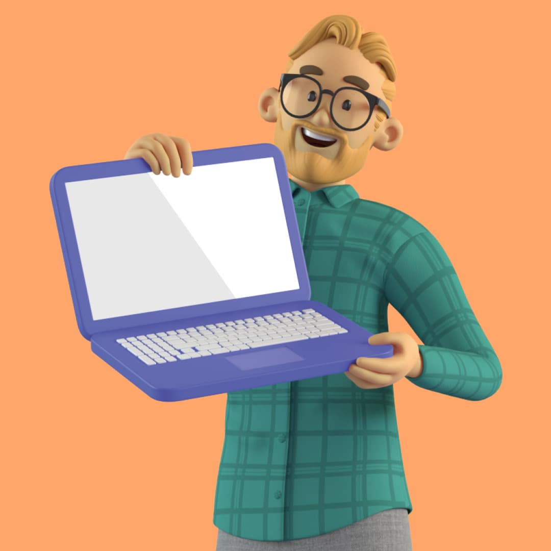 Grafikk: Mannsfigur som smiler og holder opp en åpen PC